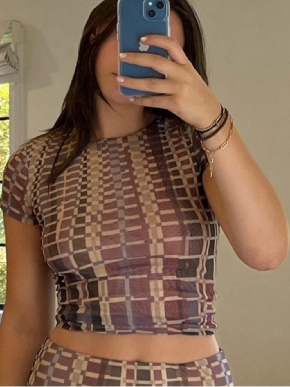Tiger Mist Plaid Mesh Cropped Top